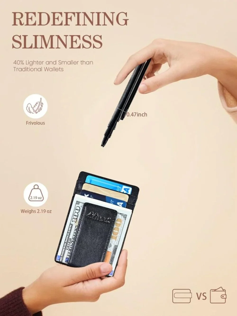 Slim Leather Money Clip Wallet for Men, RFID Blocking, Minimalist Card Holder